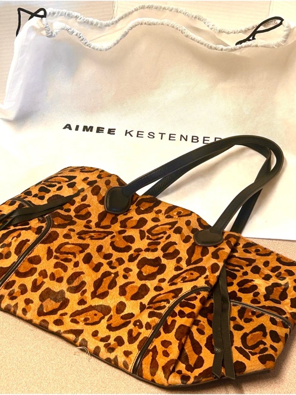 Aimee Kestenberg Leopard Print Haircalf Leather ToteBag Shoulder Purse Black Tri
